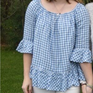 Blue Gingham Ruffle Sleeve Top